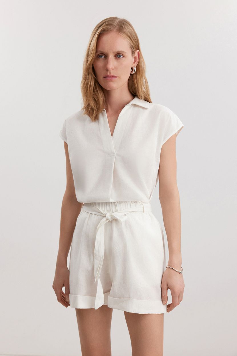 Блузка из хлопка и льна, L, белый