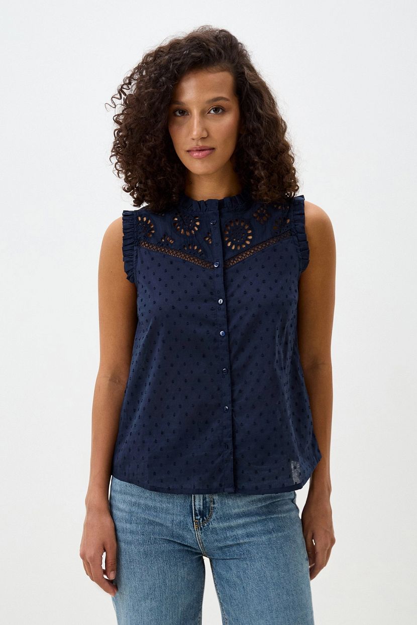 Хлопковая блузка без рукавов с рюшами и кружевом