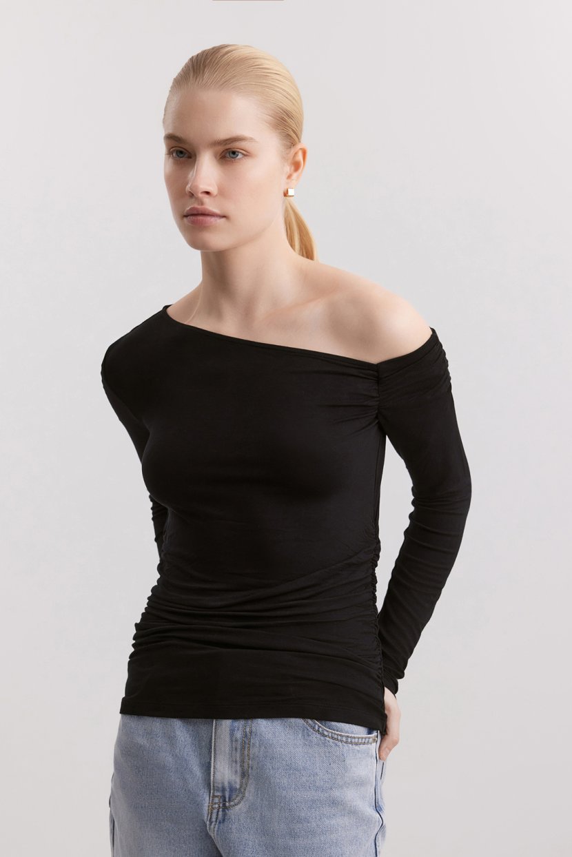 Лонгслив из вискозного джерси, XL, черный