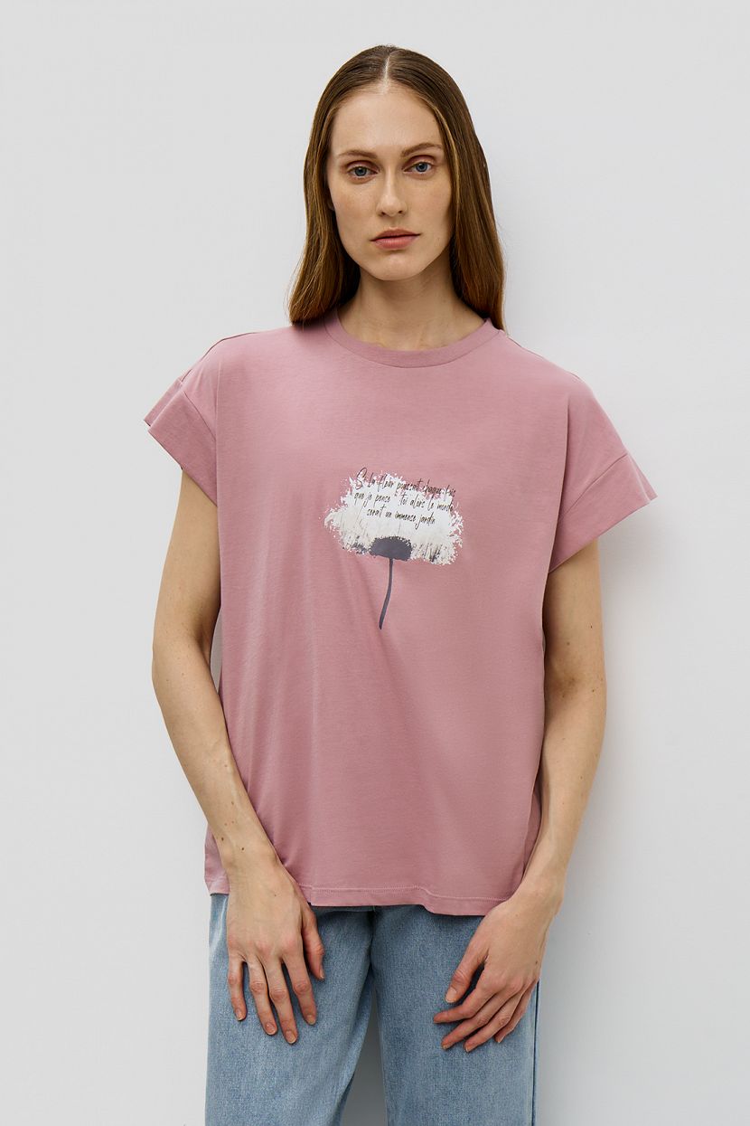 Хлопковая футболка свободного кроя с принтом, розовый