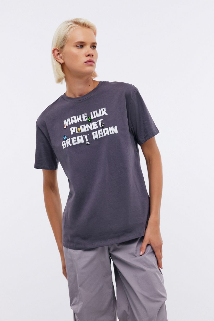 Футболка из джерси с принтом и стразами L серый 1019₽