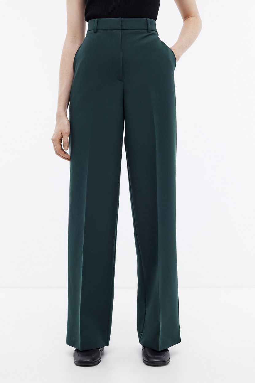Прямые брюки из костюмной ткани со стрелками, L, зеленый