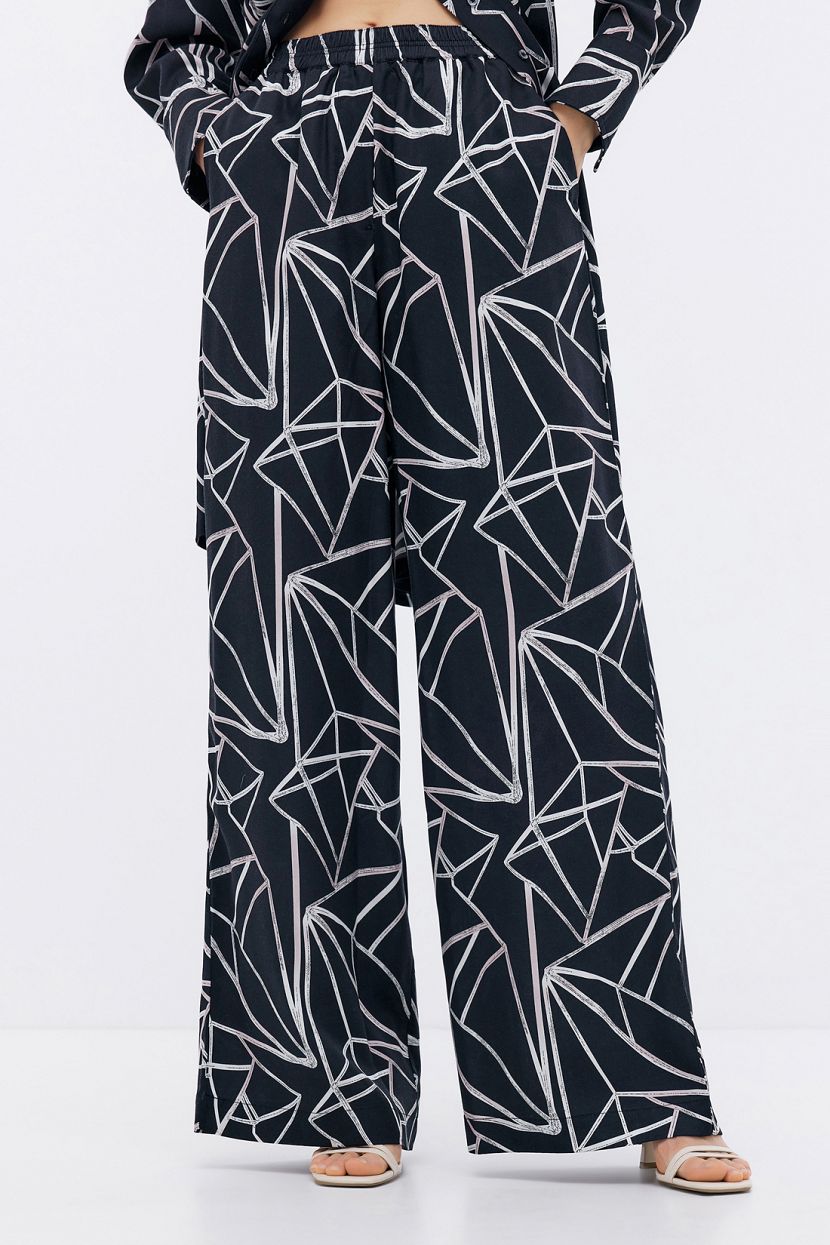 Брюки-палаццо с геометрическим узором, M, черный