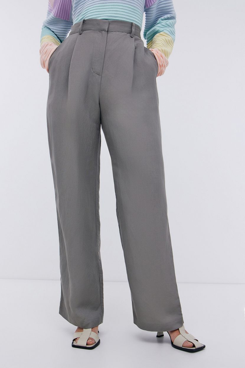Прямые брюки из льна и вискозы со стрелками, 5XL, серый