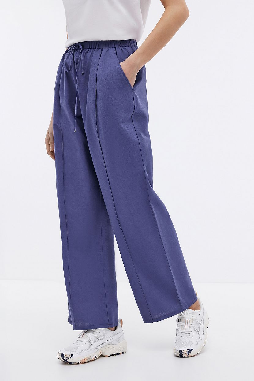 Льняные брюки в пижамном стиле, XXL, синий