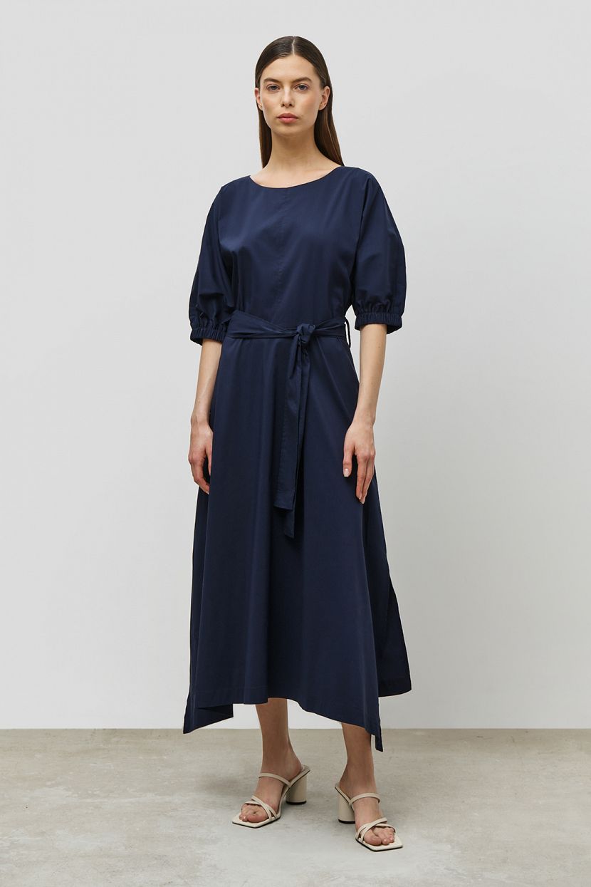 Платье-миди с объемными рукавами на поясе, XXL, синий