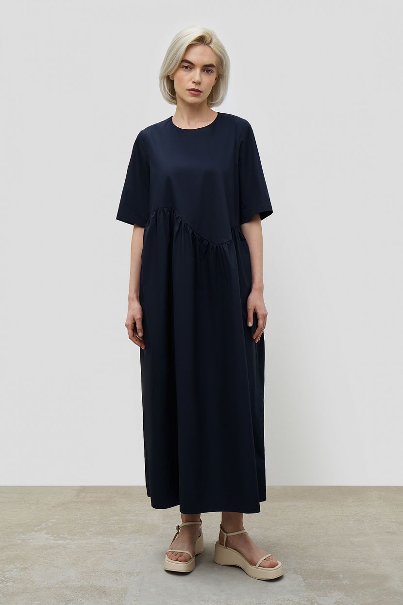 Хлопковое платье-миди с короткими рукавами XS синий 5999₽