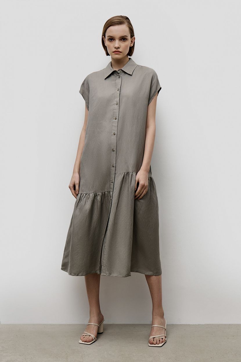 Льняное платье-рубашка миди с оборками, XL, серый