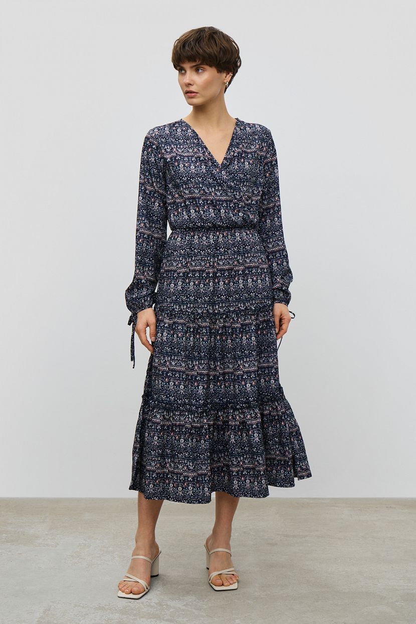 Платье-миди с длинным рукавом на завязках L синий 2099₽