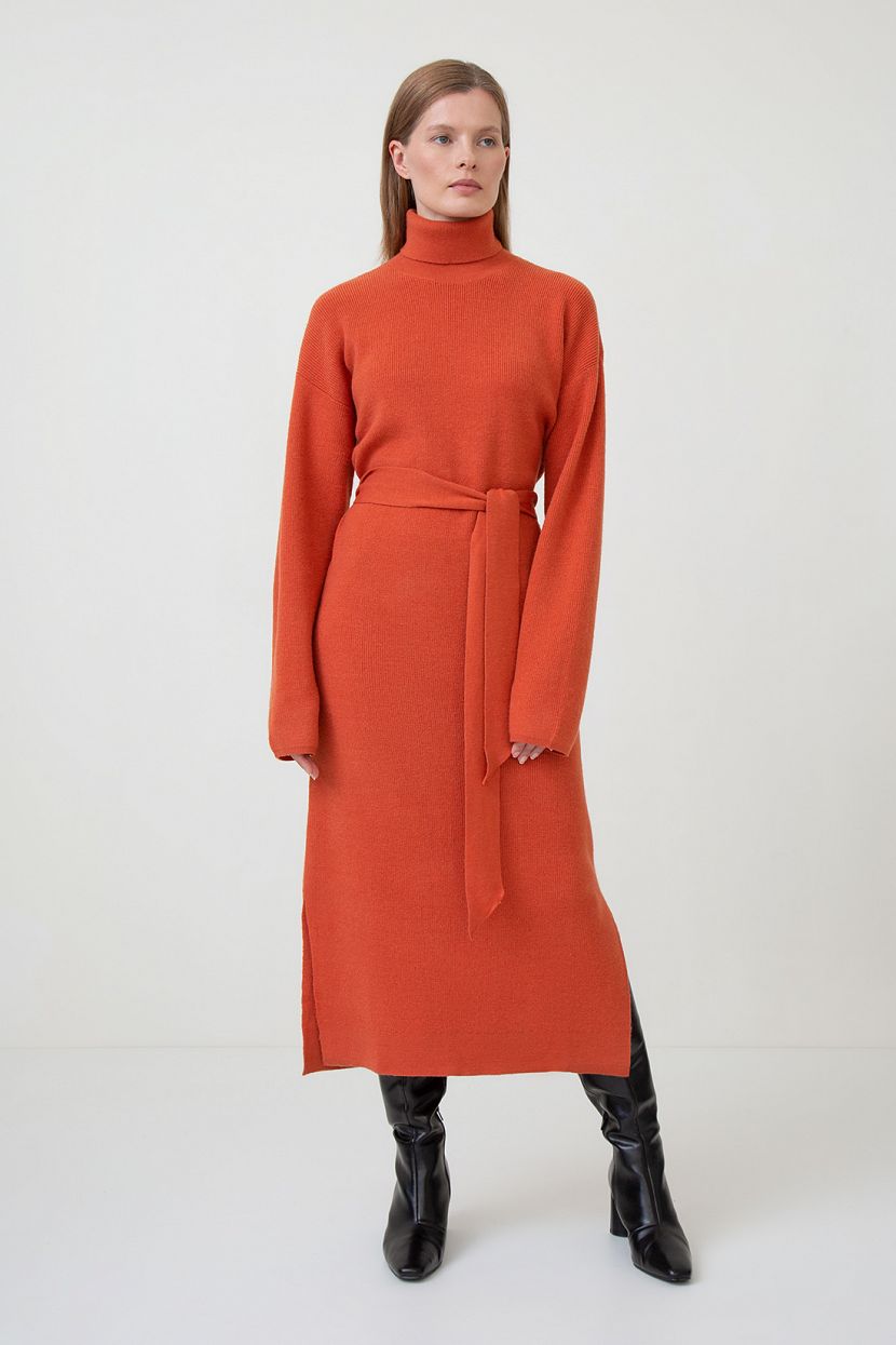 Платье-свитер с поясом, S, оранжевый