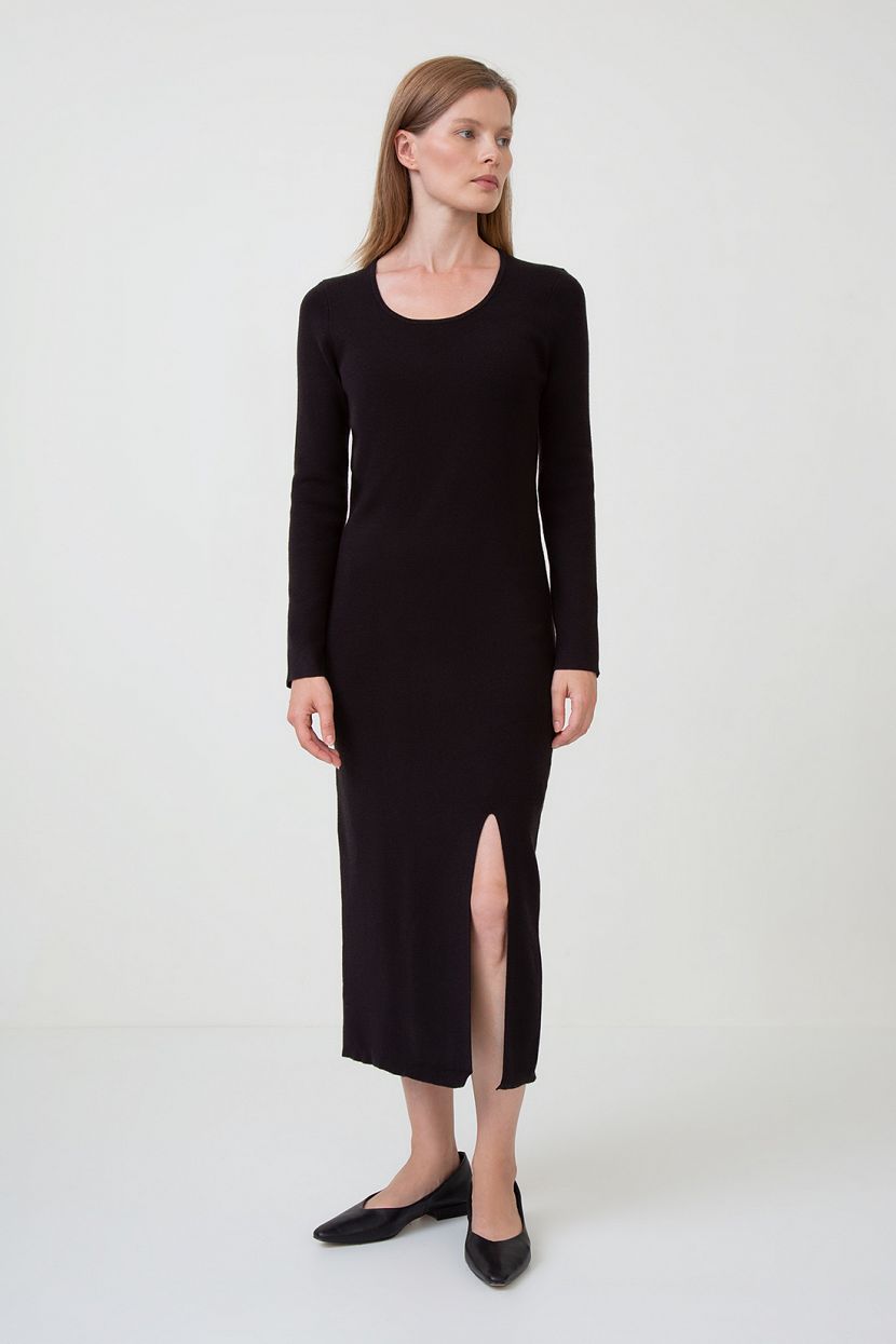 Трикотажное платье с разрезом (арт. baon B4523509), размер S, цвет черный Трикотажное платье с разрезом (арт. baon B4523509) - фото 1