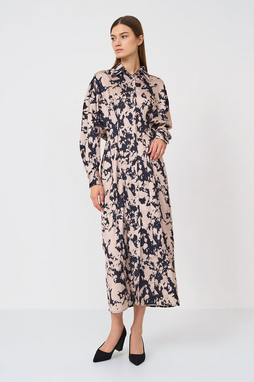 Платье из сатина с абстрактным принтом, XL, бежевый