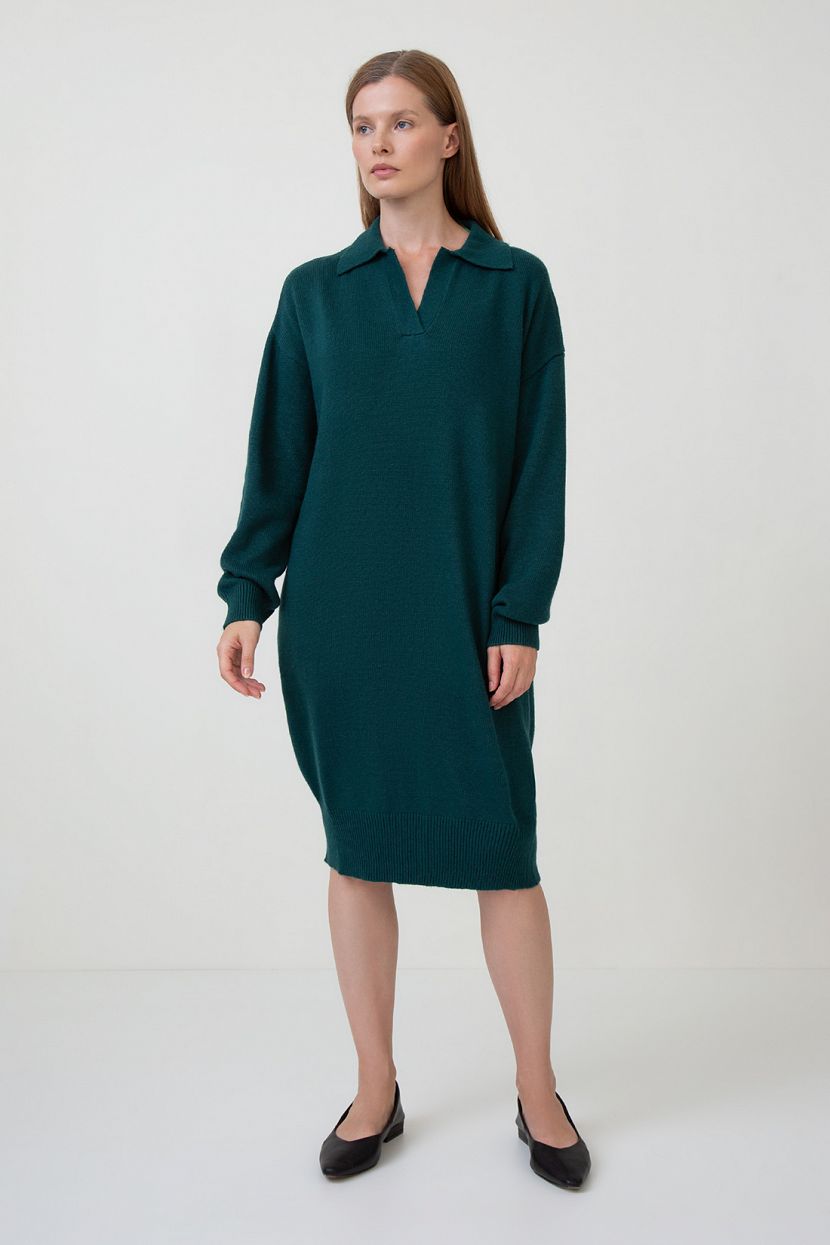 Вязаное платье-поло с ангорой, XXL, зеленый