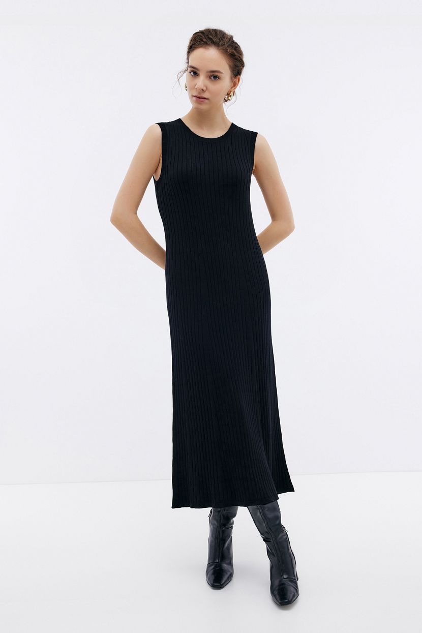 Миди-платье из вязаного трикотажа «лапша», XS, черный
