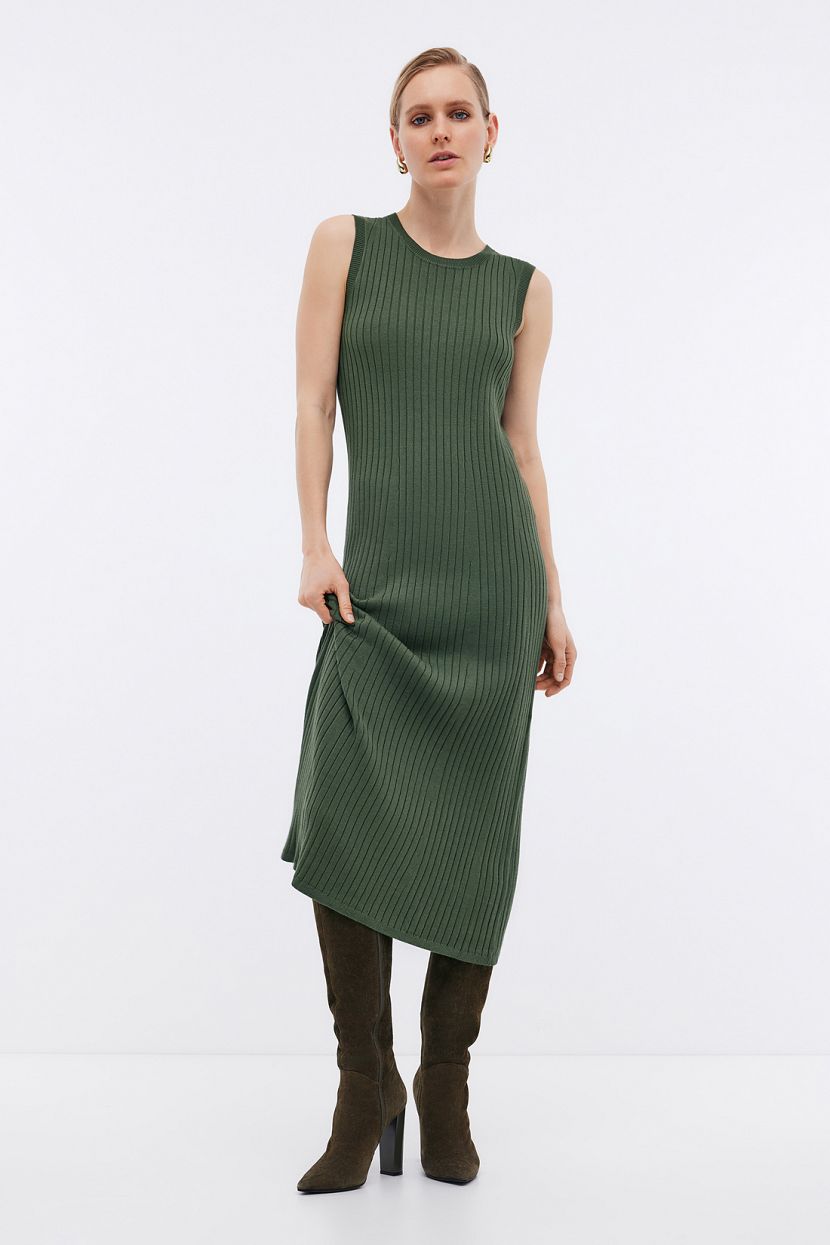 Миди-платье из вязаного трикотажа «лапша», XS, зеленый