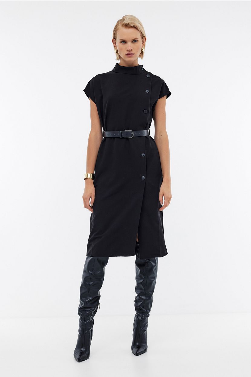 Платье миди из костюмной ткани с поясом, XXL, черный