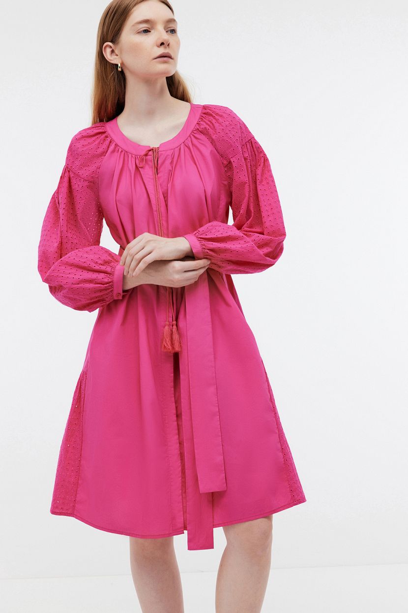 Платье свободного силуэта из хлопка с поясом, S, розовый