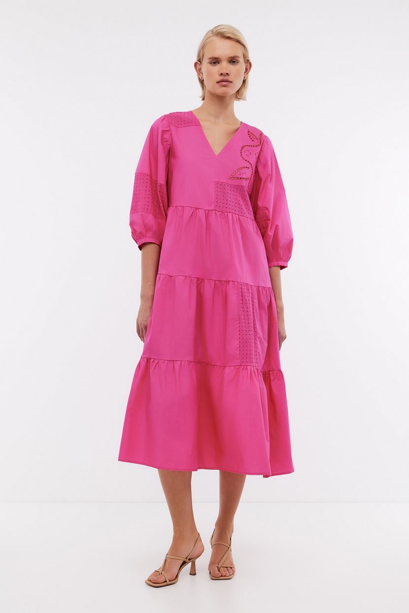 Платье макси из вискозы и льна с поясом, XXL, розовый