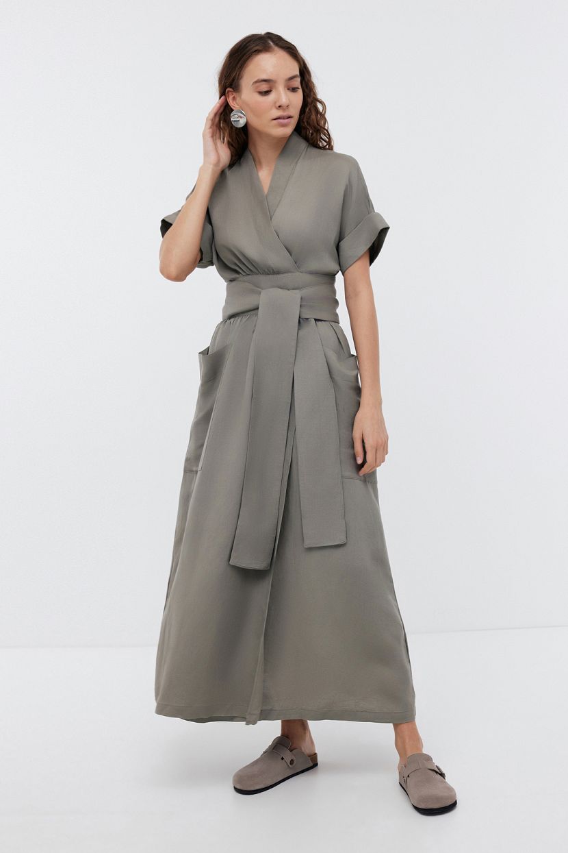 Платье макси кимоно из вискозы и льна, L, серый