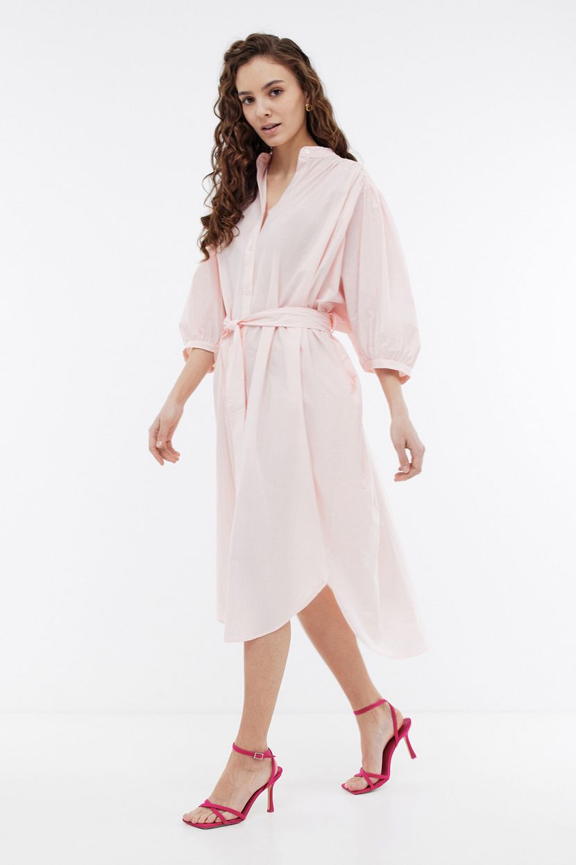 Платье рубашка из хлопка с поясом, XS, розовый