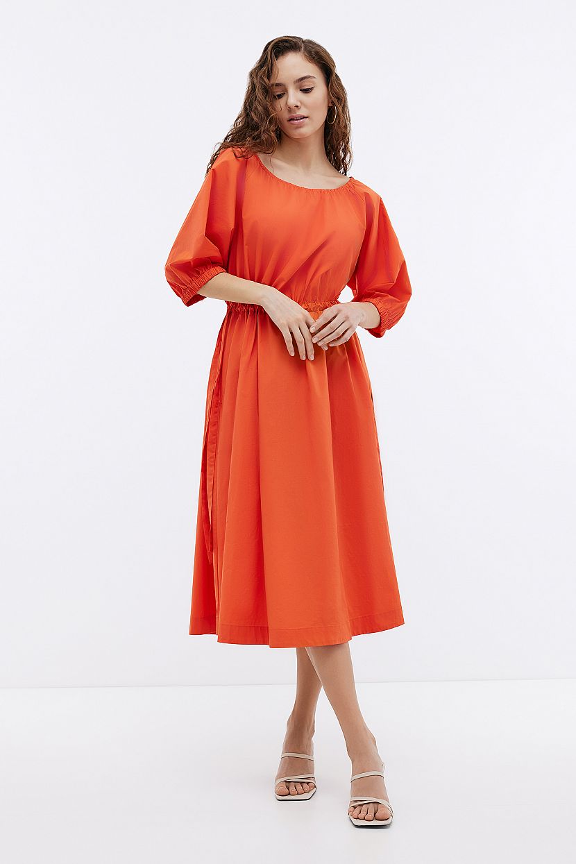 Платье миди из хлопка с разрезом по спинке, оранжевый