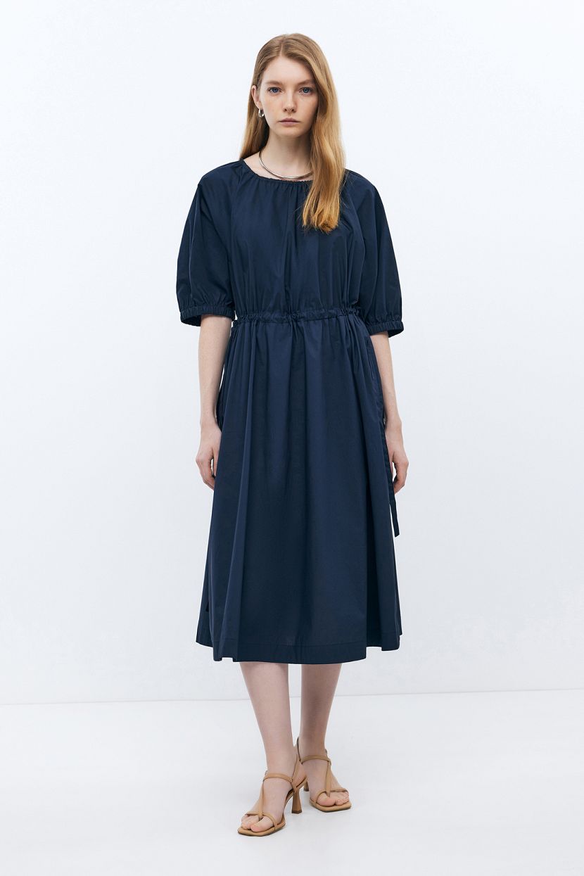 Платье миди из хлопка с разрезом по спинке, XL, синий
