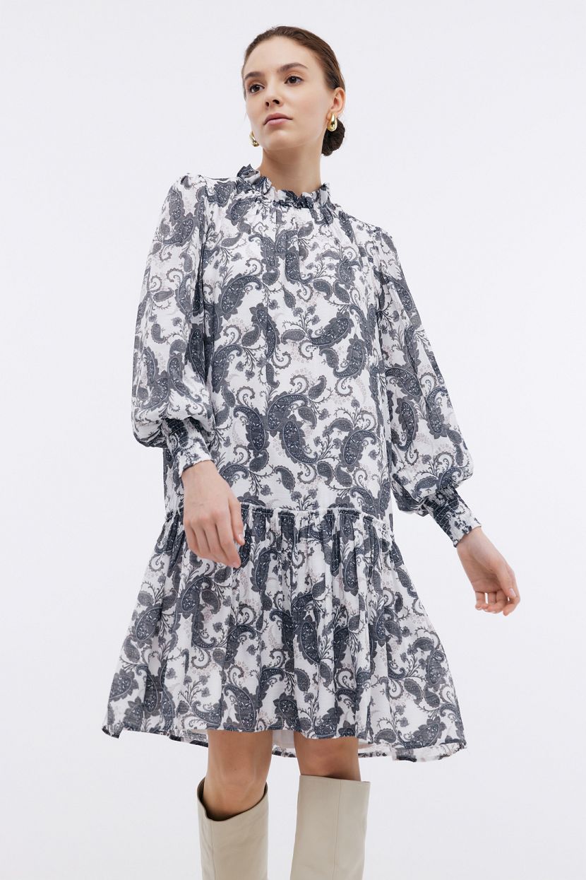 Платье с узором пейсли (арт. BAON B4524057), размер XL, цвет cold milk-light asphalt printed