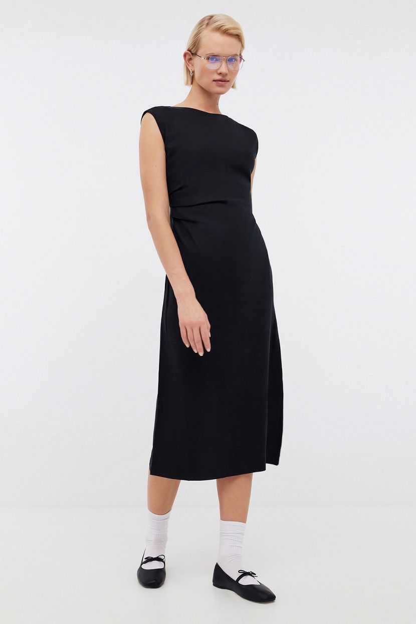 Платье миди из льна  (арт. BAON B4524063), размер L, цвет черный
