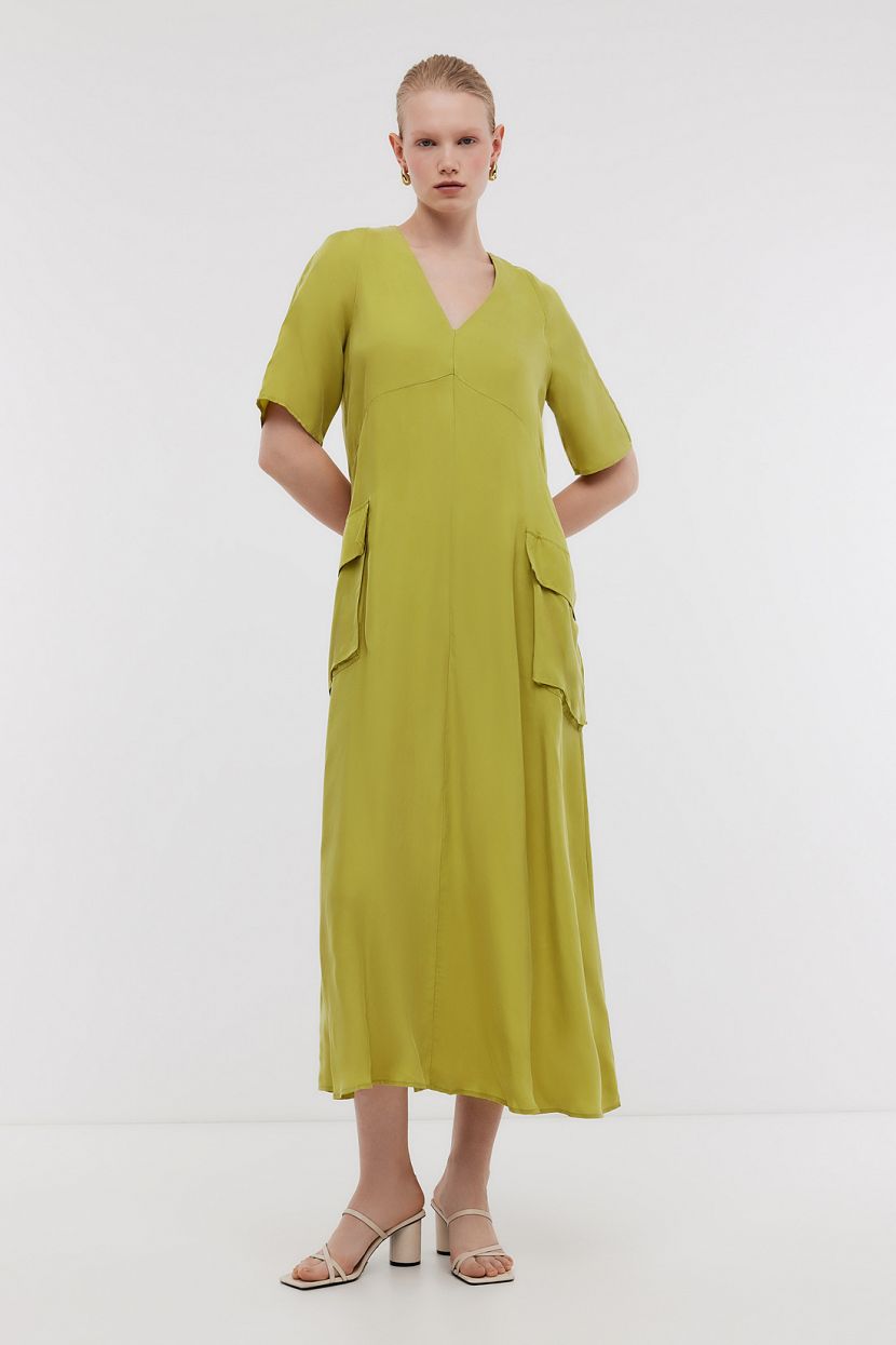 Платье макси в стиле карго из вискозы, XXL, зеленый