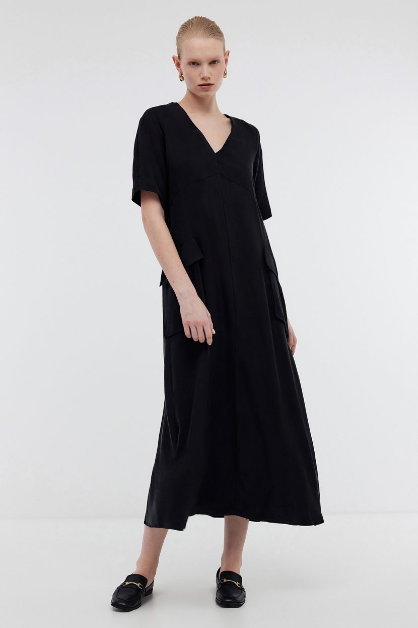 Платье макси в стиле карго из вискозы (арт. BAON B4524070), размер M, цвет черный