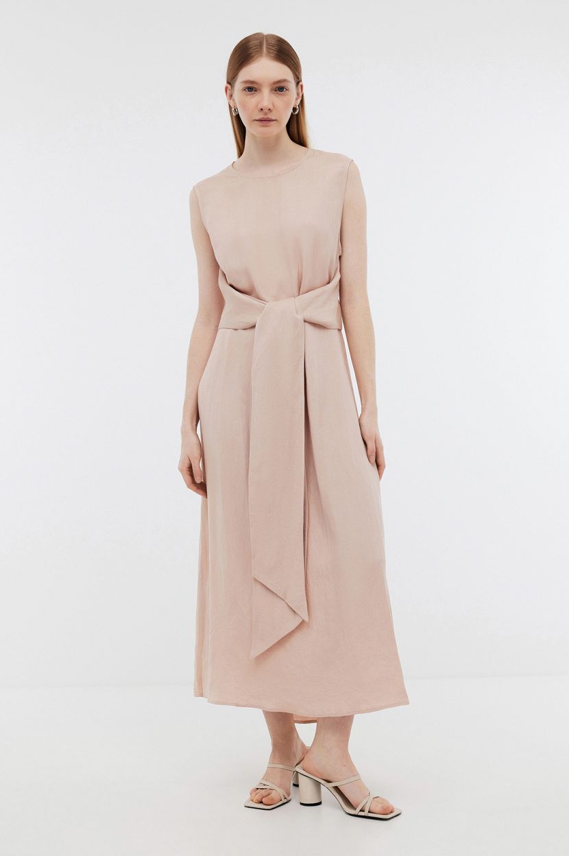 Платье из льна и вискозы с широким поясом, XXL, розовый