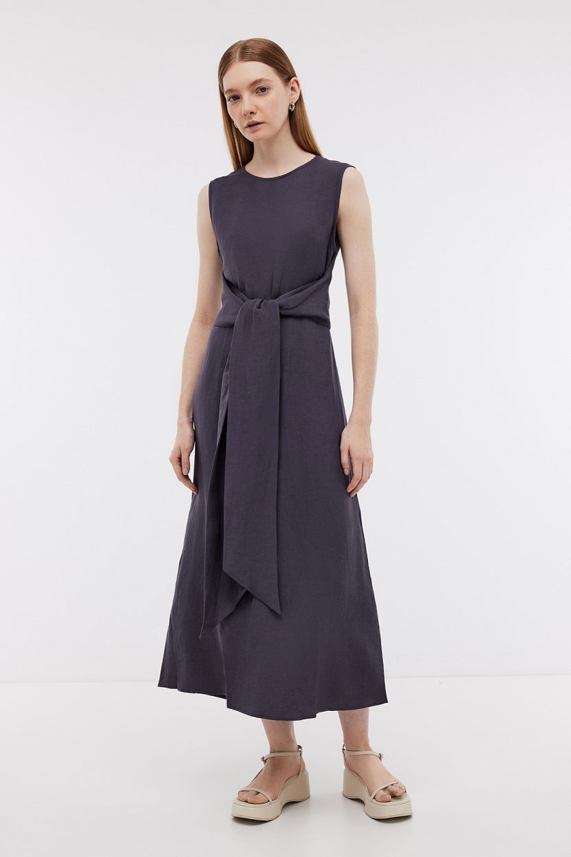 Платье из льна и вискозы с широким поясом, XXL, серый
