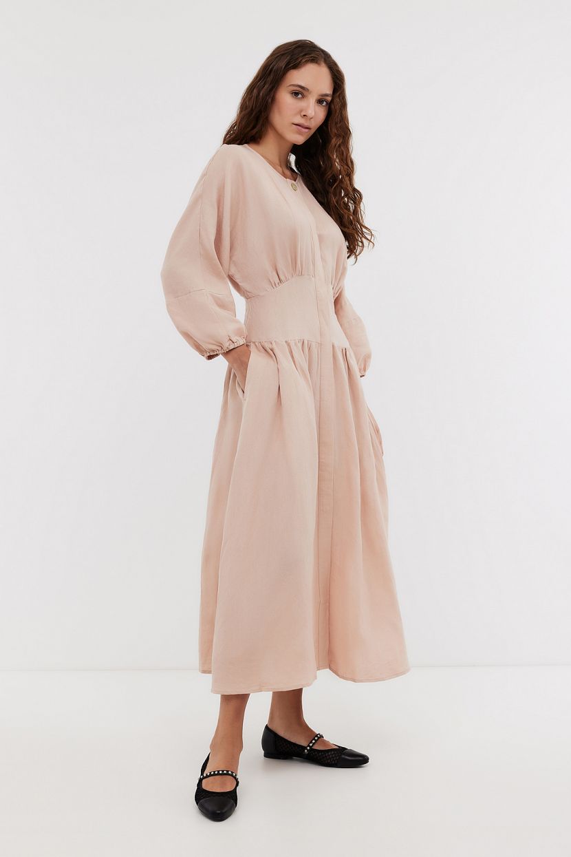 Платье миди из вискозы и льна (арт. BAON B4524076), размер L, цвет розовый Платье миди из вискозы и льна (арт. BAON B4524076) - фото 1