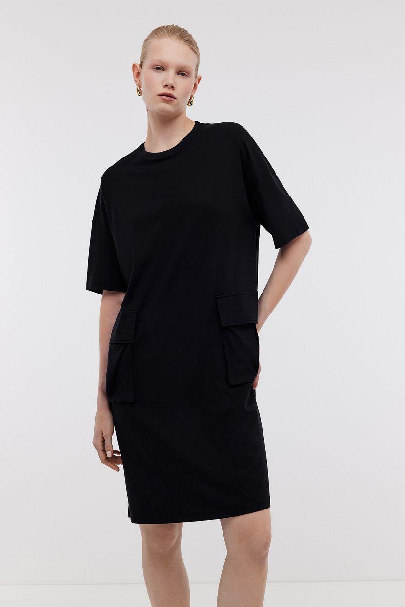 Платье футболка с карманами в стиле карго, XXL, черный