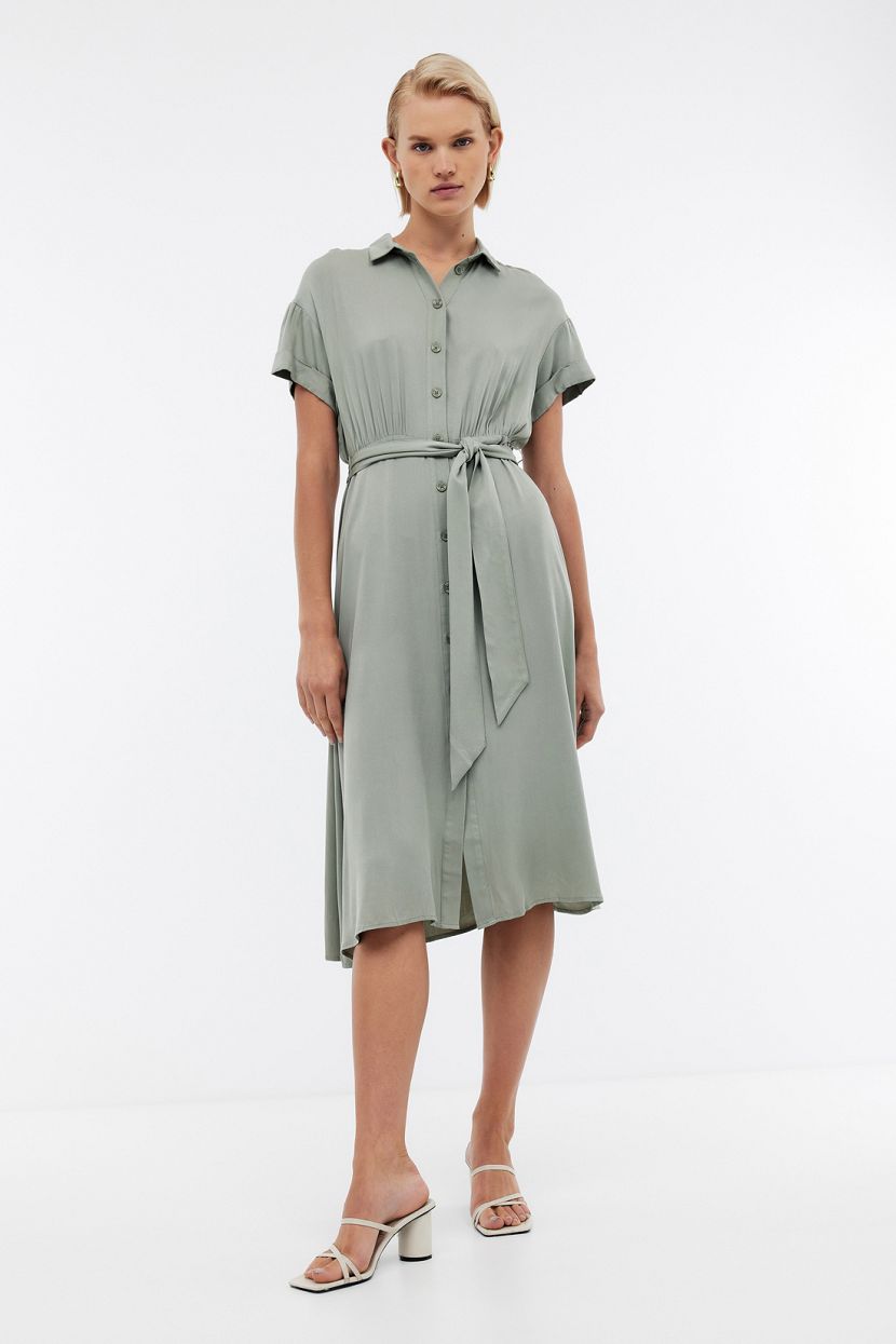 Платье рубашка из вискозы с поясом, XXL, зеленый