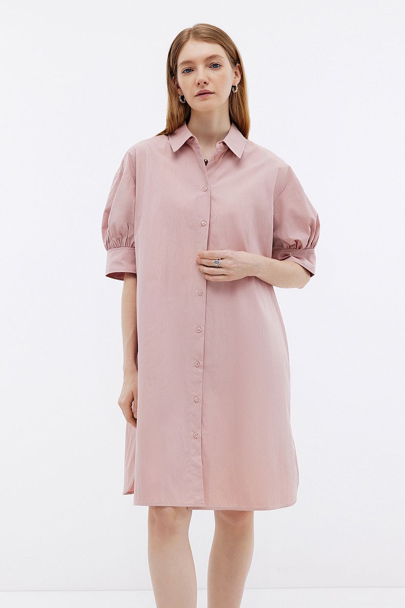 Платье рубашка из хлопка прямого кроя, L, розовый