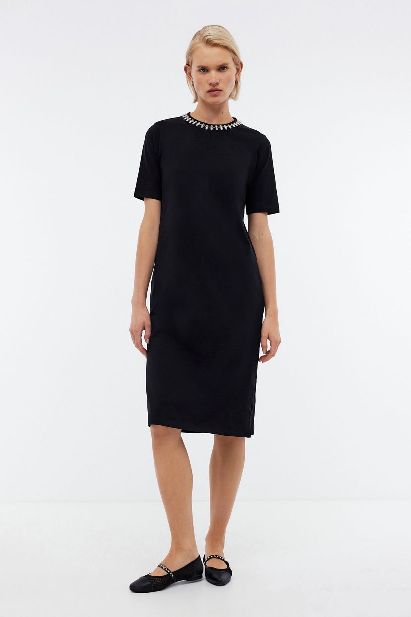 Трикотажное платье миди (арт. BAON B4524121), размер L, цвет черный Трикотажное платье миди (арт. BAON B4524121) - фото 1