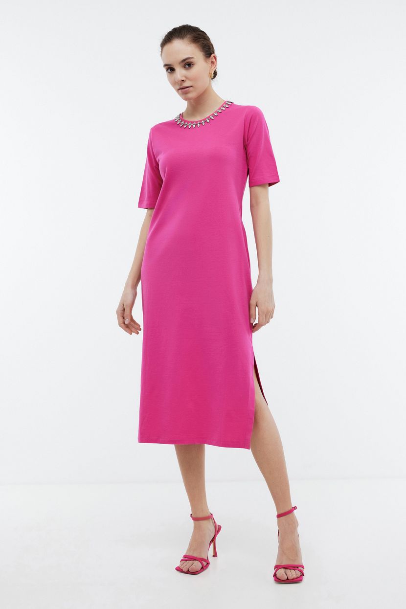 Трикотажное платье миди, XXL, розовый