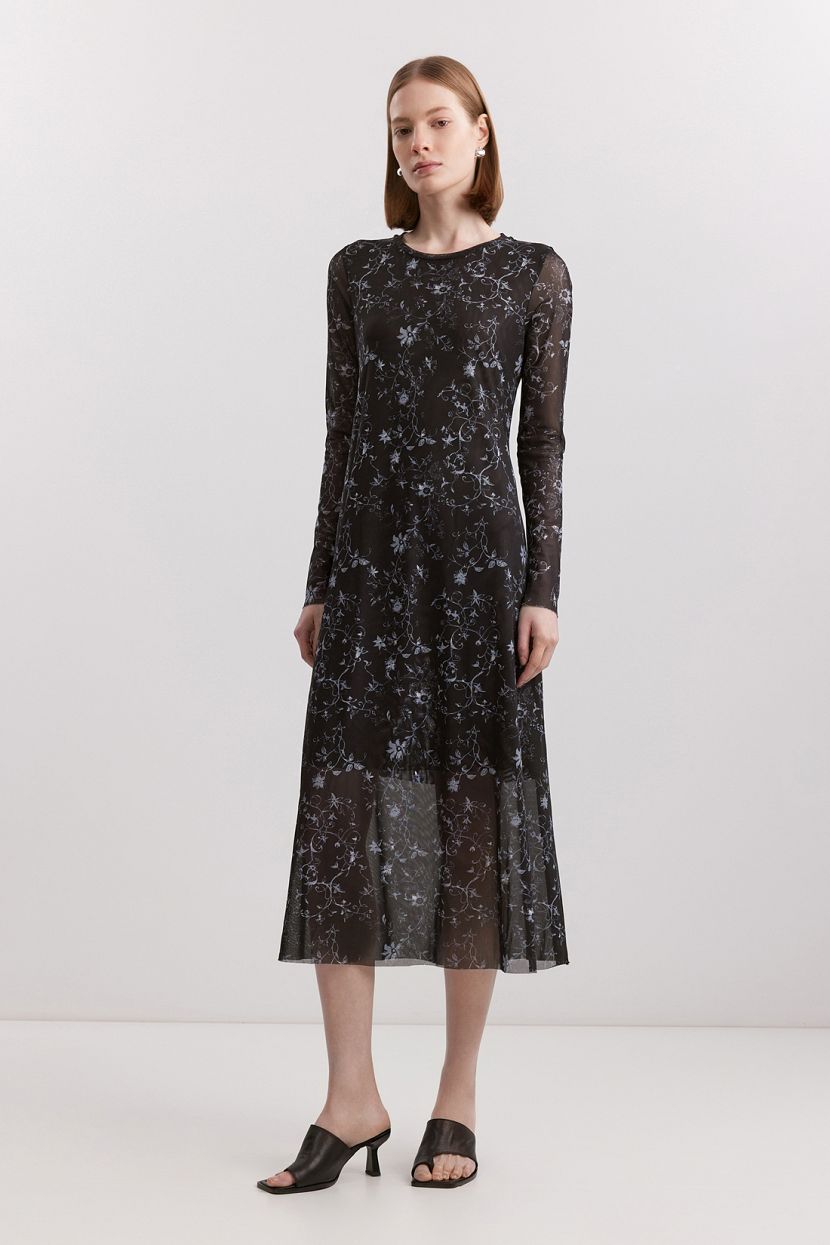 Платье полупрозрачное с принтом, L, черный