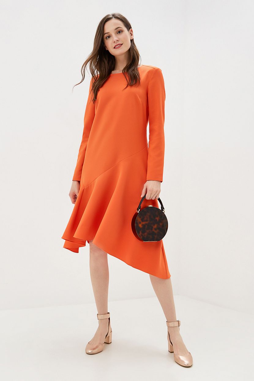 Платье с асимметричной оборкой (арт. baon B459513), размер M, цвет оранжевый Платье с асимметричной оборкой (арт. baon B459513) - фото 1