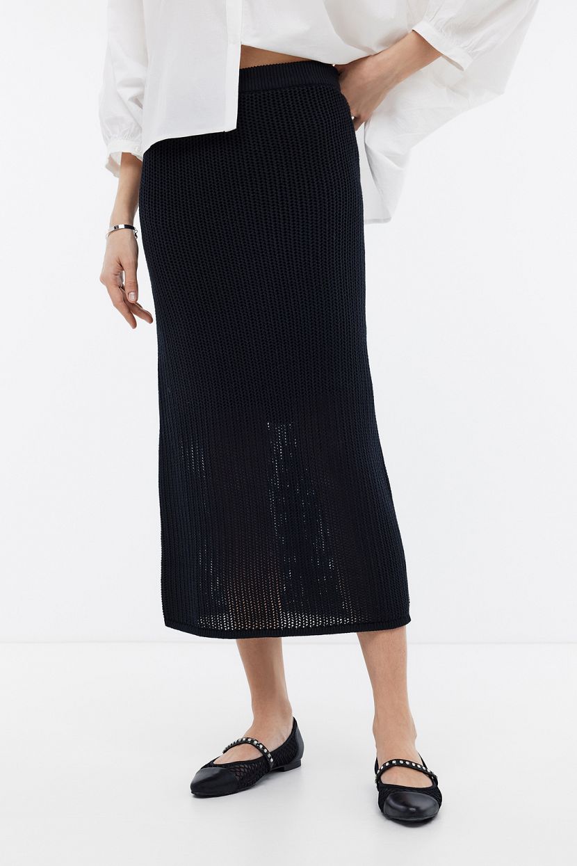 Ажурная юбка-миди с полупрозрачным низом, L, черный