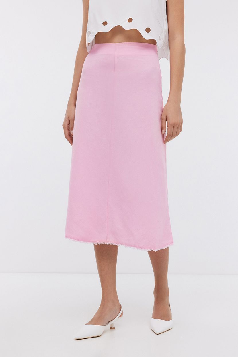 Однотонная юбка миди из вискозы и льна, XXL, розовый