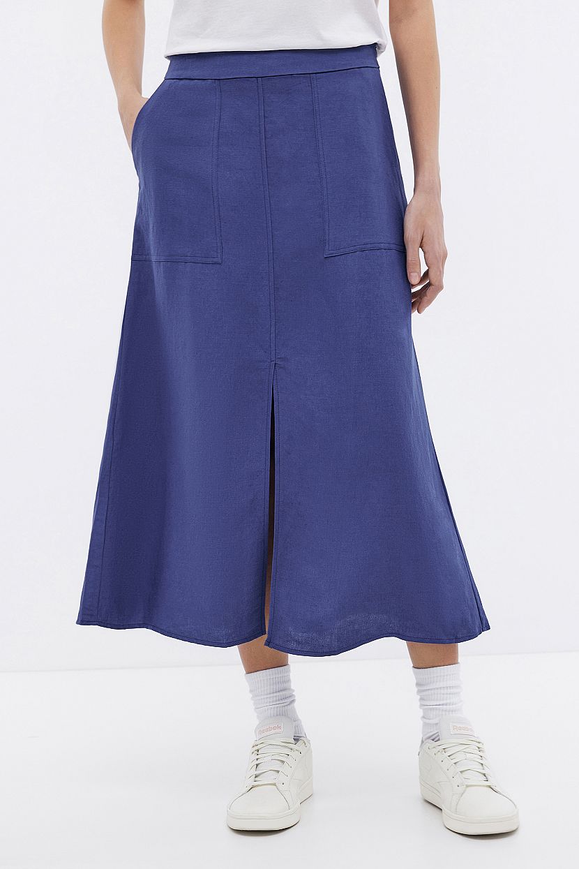 Льняная юбка-трапеция S синий 3839₽