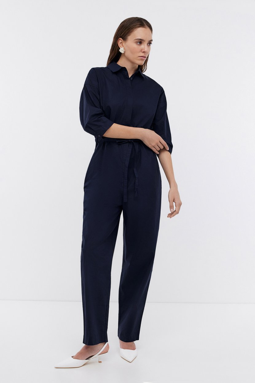 Однотонный комбинезон из хлопка с поясом L синий 6399₽