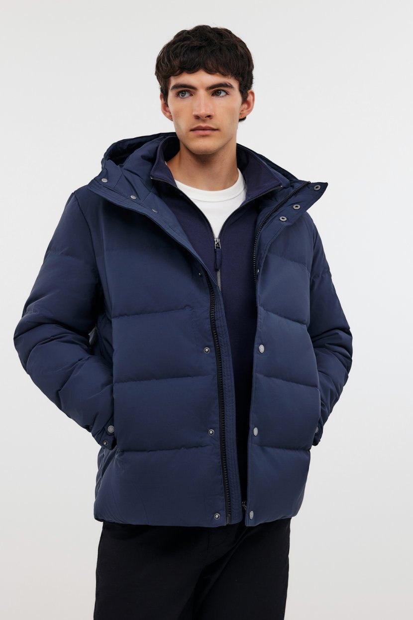 Пуховик с потайным карманом и капюшоном 3XL синий 21699₽