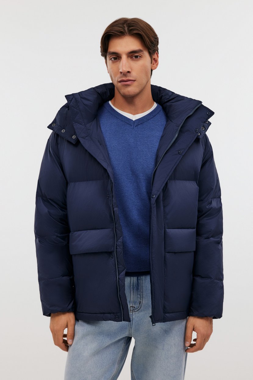 Пуховик с капюшоном и воротником-стойкой L синий 18599₽
