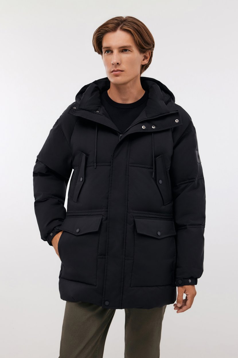 Короткий пуховик с капюшоном 3XL черный 27299₽