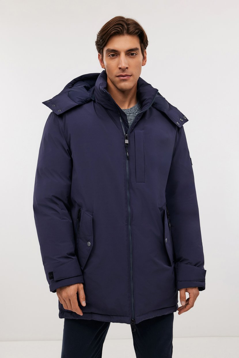 Пуховик оверсайз с капюшоном и воротником-стойкой синий 21499₽