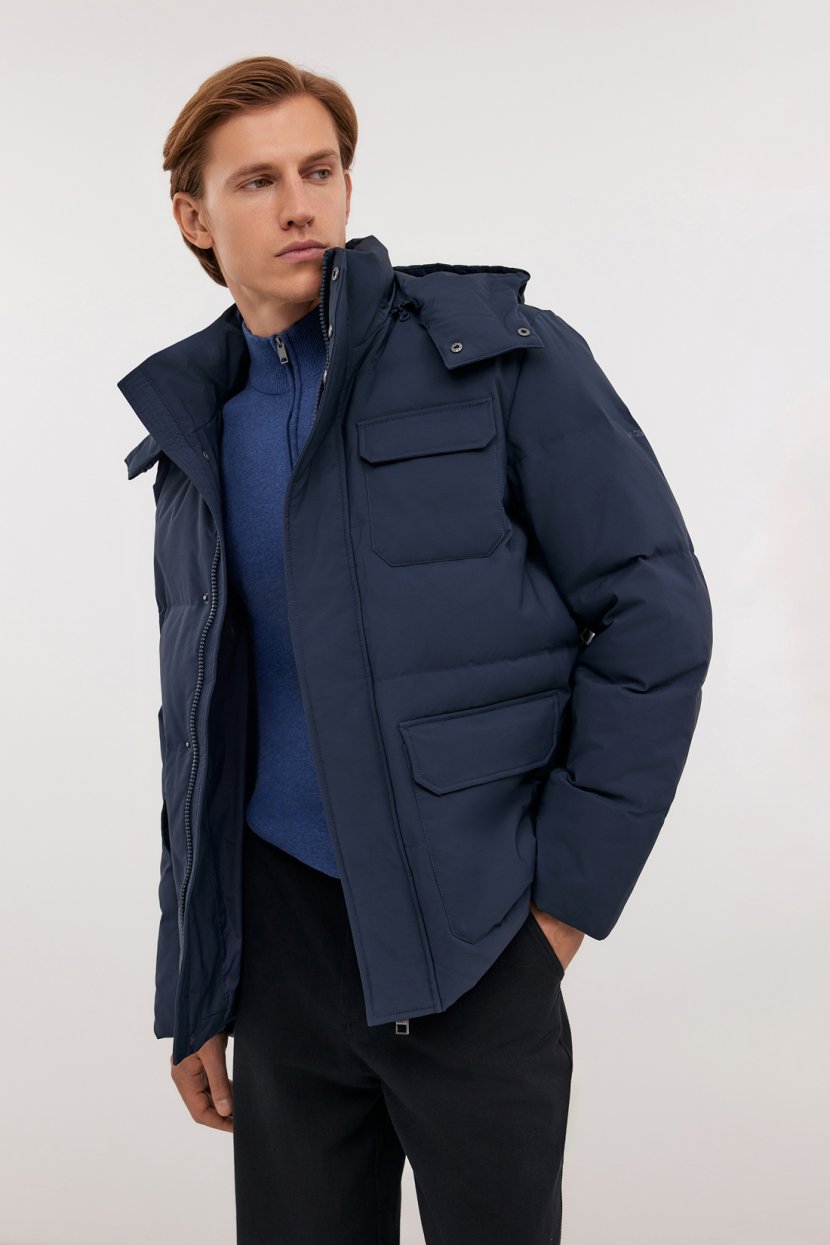 Пуховик с капюшоном и воротником-стойкой 3XL синий 20999₽