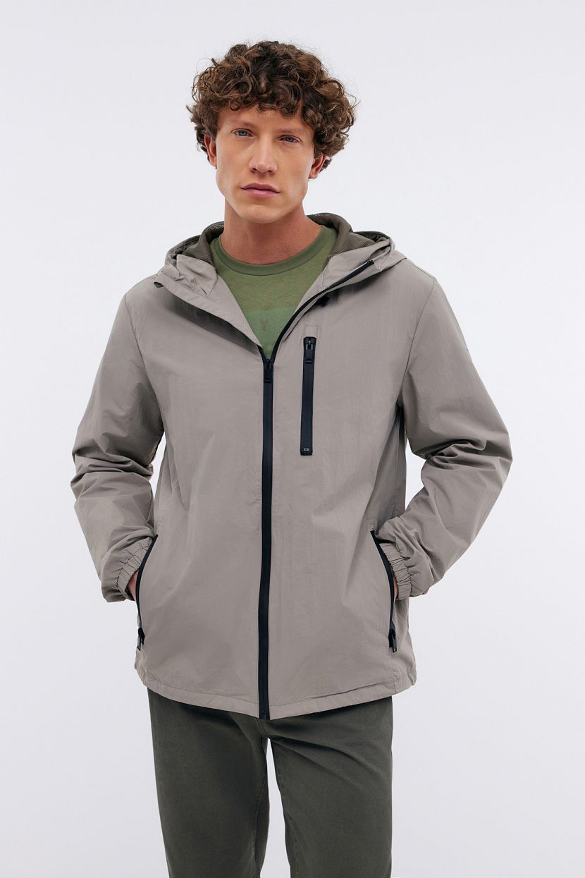 Однотонная мужская куртка-ветровка с капюшоном, серый